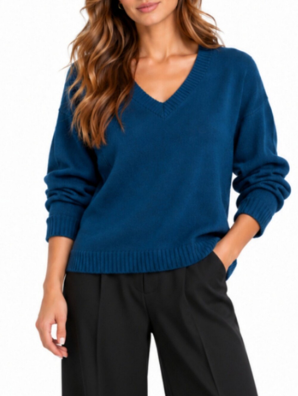 Eileen Fisher Yak Merino Wool V-Neck Sweater L Blue Quiet Luxury Minimalist